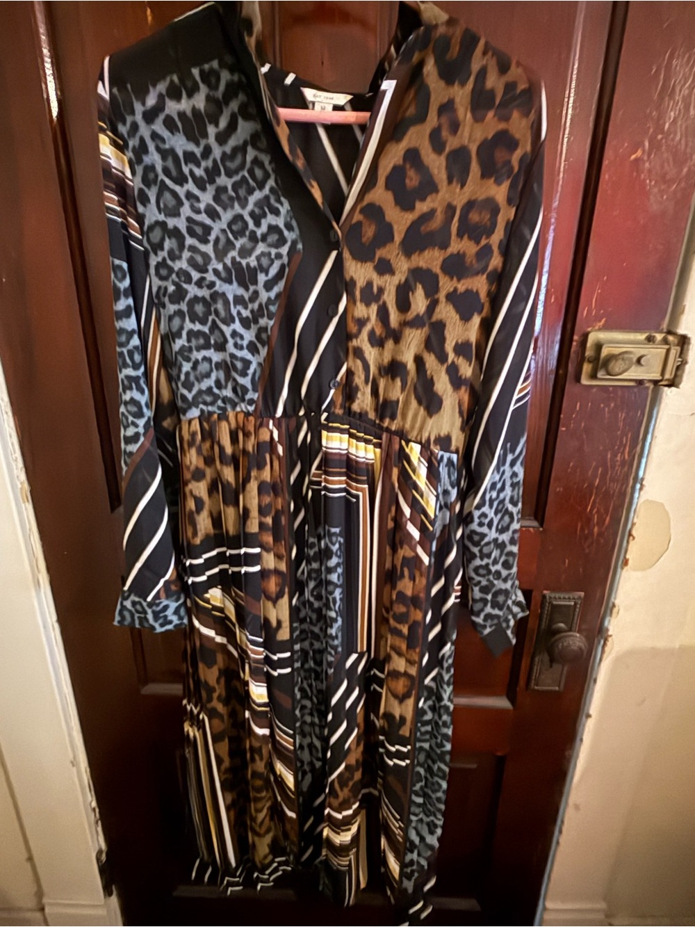 Cato Mixed Animal & Stripe Long Sleeve Midi Dress - Brown/Black/Blue